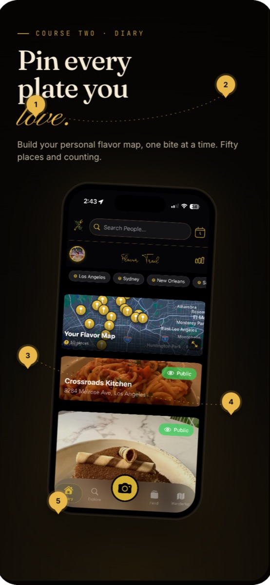 The FlavorTrail home screen showing a personal flavor map with pinned restaurants.